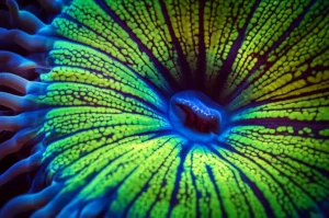 A photorealistic image using a macro lens at 100mm, showing the detailed texture and vibrant colors of a sea anemone's oral disc and tentacles, with precise focusing and controlled lighting.