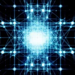 Abstract representation of quantum bits interacting to solve a complex problem, high detail, controlled lighting