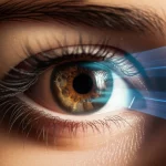 Conceptual image of light rays hitting an eye, with a protective barrier forming. Wide-angle lens, 24mm, sharp focus, controlled lighting.