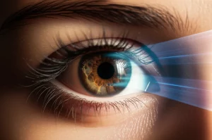 Conceptual image of light rays hitting an eye, with a protective barrier forming. Wide-angle lens, 24mm, sharp focus, controlled lighting.