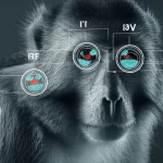 Fotografia ad alta risoluzione di un macaco rhesus impegnato in un compito di ricerca visiva su uno schermo, con un overlay grafico stilizzato che indica le aree cerebrali attive (V4, IT, LPFC, OFC). L'immagine combina l'aspetto scientifico con un'estetica accattivante. Obiettivo zoom 24-70mm, profondità di campo per isolare il soggetto, illuminazione da studio per un look pulito e professionale, con colori duotone blu e grigio per un effetto moderno.