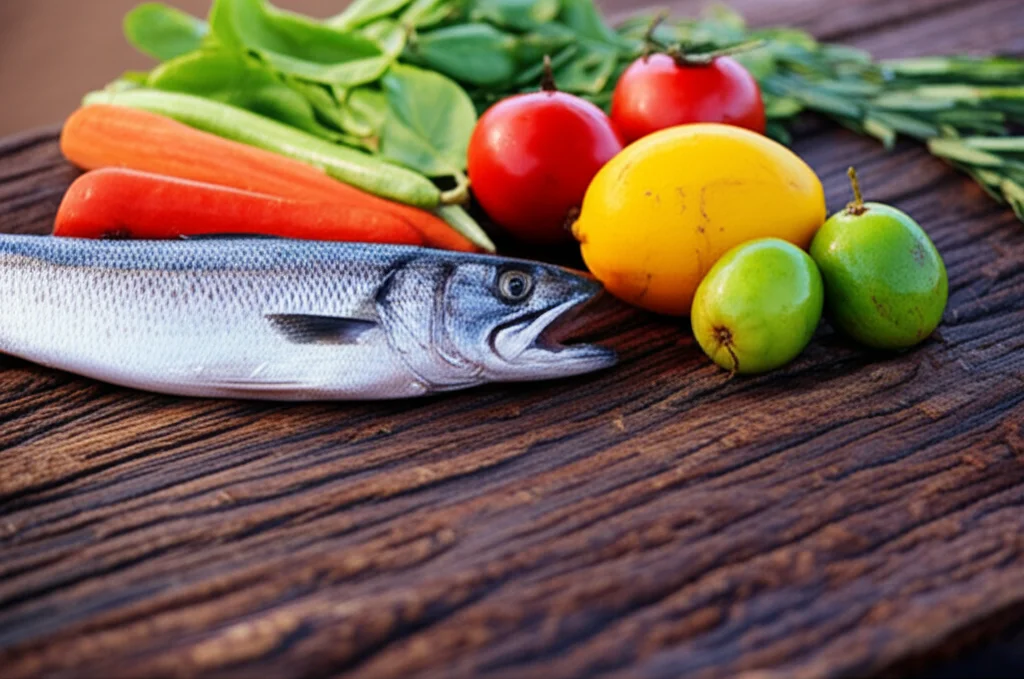 Fotografia stile still life di cibi sani e nutrienti, incluse verdure fresche colorate, frutta esotica e pezzi di pesce alla griglia che rappresentano cibi tradizionali indigeni, disposti artisticamente su un tavolo di legno rustico in una luminosa ambientazione esterna di una comunità remota australiana. Obiettivo macro 60mm, illuminazione naturale controllata per esaltare i colori, alta definizione dei dettagli del cibo.
