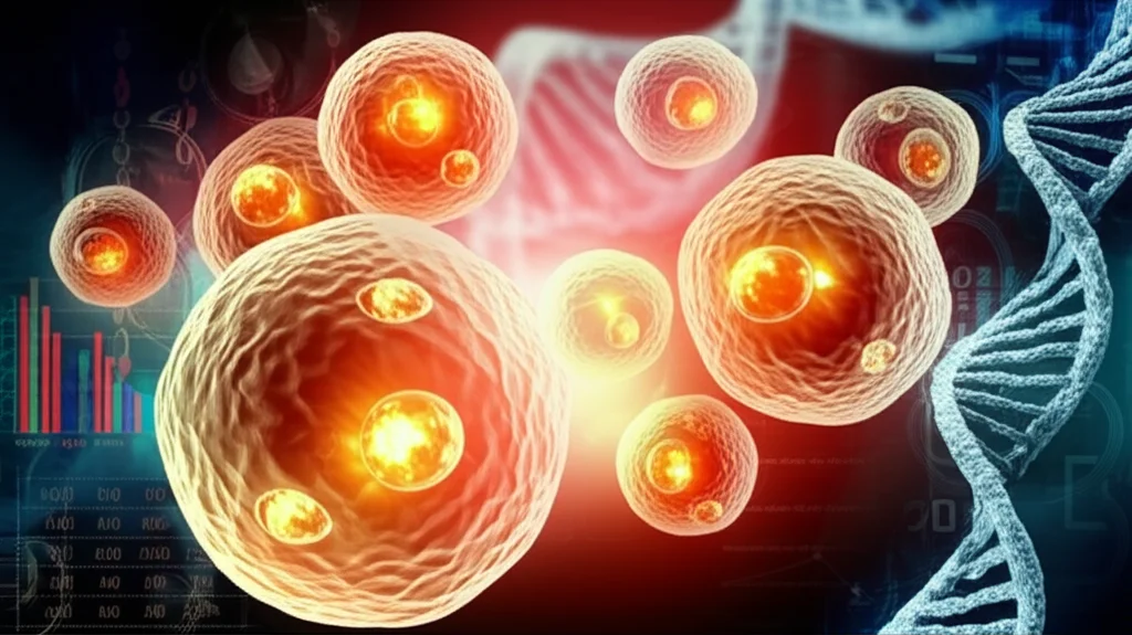 Immagine artistica ma fotorealistica di adipociti bovini con goccioline lipidiche incandescenti, sovrapposta a una rappresentazione stilizzata di una doppia elica di DNA e grafici di dati metabolomici. Macro lens, 90mm, high detail, precise focusing, illuminazione drammatica con luci calde e fredde per evidenziare i diversi elementi.
