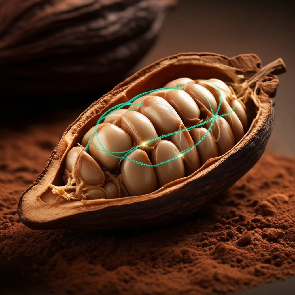 Immagine fotorealistica che fonde un primo piano di una fava di cacao marrone scuro, leggermente aperta, con una sottile sovrapposizione di una struttura molecolare luminosa che rappresenta l'enzima pullulanasi che emerge da essa. Illuminazione morbida e calda, obiettivo macro 100mm, alta definizione, profondità di campo.
