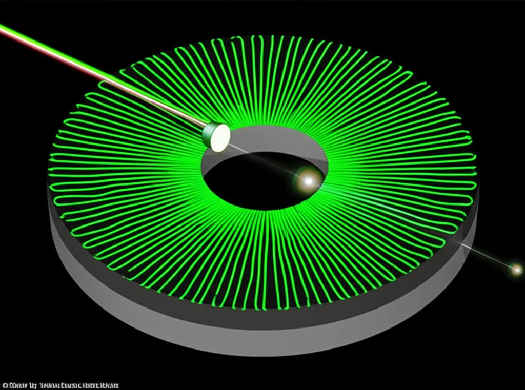Immagine fotorealistica di un micro-risonatore ad anello su un chip di nitruro di silicio. Un fascio laser infrarosso entra nell'anello da sinistra, e all'interno si vede una debole luce verde (seconda armonica) con un sottile effetto di 'onda' o 'vibrazione' che si propaga lungo l'anello, suggerendo il reticolo viaggiante e l'effetto Doppler. Obiettivo macro 90mm, illuminazione da studio controllata, alta definizione, messa a fuoco selettiva sull'anello e sulla luce generata.