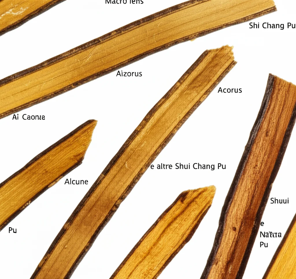 Macro lens, 105mm, un primo piano dettagliatissimo di fettine di rizoma di Acorus, con illuminazione controllata che ne esalta le texture e le sottili differenze morfologiche, alcune etichettate Shi Chang Pu e altre Shui Chang Pu, su un fondo neutro e pulito.