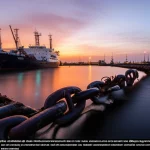 Paesaggio grandangolare, obiettivo da 15 mm, un enorme collegamento a catena di ormeggio delle navi parzialmente immersi in acqua di mare mosse vicino a una parete di banchina arrugginita, lunga esposizione per un movimento dell'acqua leggermente offuscato, focalizzazione forte sul collegamento a catena che mostra i dettagli dell'usura e della corrosione precoce, un drammatico cielo overcasto che suggerisce un duro ambiente marino.