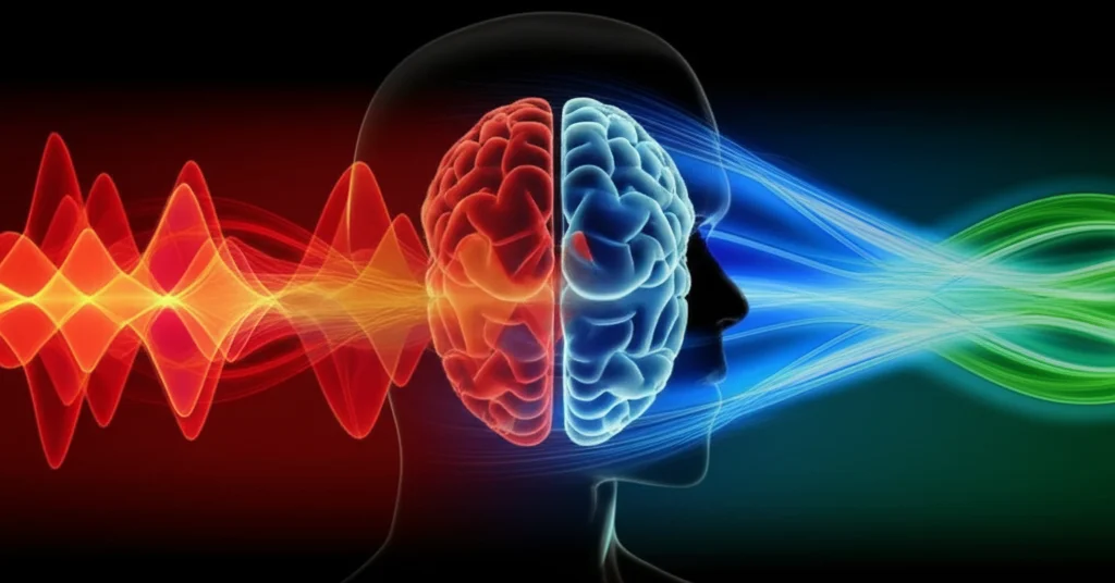 Photorealistic image, composite, left side shows an abstract representation of chaotic, sharp sound waves in reds and oranges representing traffic noise, transitioning to the right side with smooth, flowing blue and green sound waves representing spring water sound. A subtle silhouette of a human head is overlaid, with the brain area glowing differently on each side. Prime lens, 35mm, depth of field.