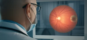 Photorealistic image of a doctor looking at a digital display showing a retinal fundus image with potential AMD lesions highlighted, 35mm portrait lens, controlled lighting.