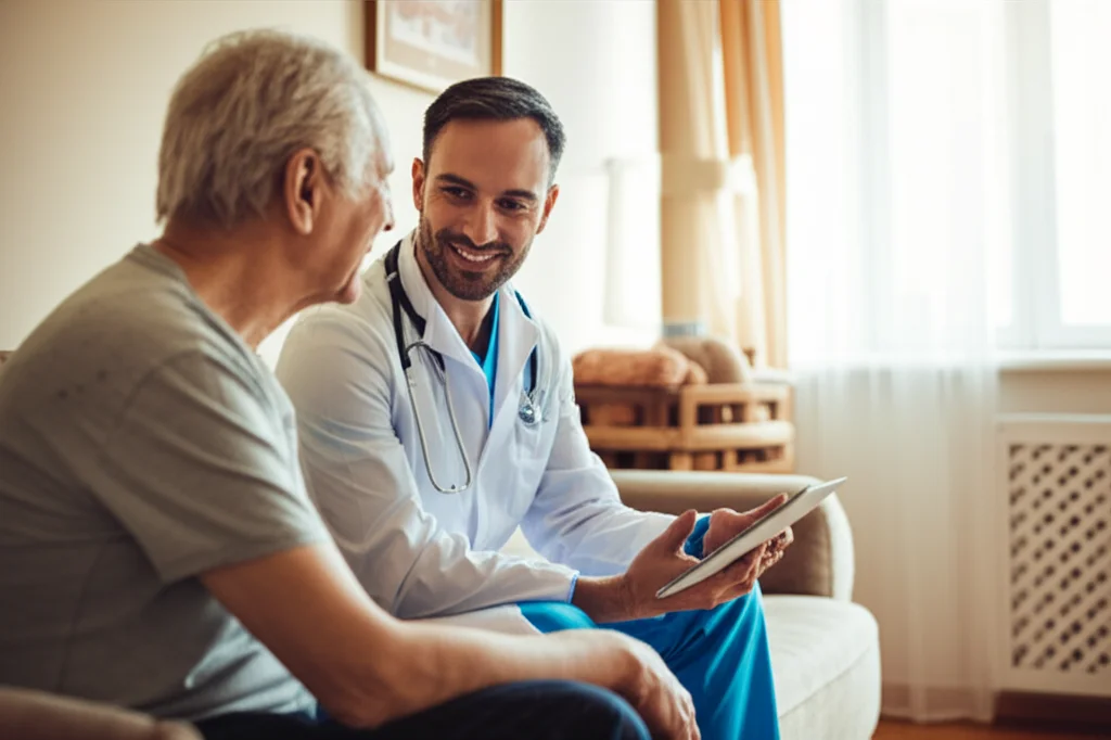 Un medico sorridente che assiste un paziente anziano nel comfort della sua casa, utilizzando un tablet per consultare dati clinici. La stanza è luminosa e accogliente, simboleggiando il programma Ospedale a Domicilio. Obiettivo prime, 35mm, luce naturale diffusa, colori caldi, profondità di campo per mettere a fuoco medico e paziente.