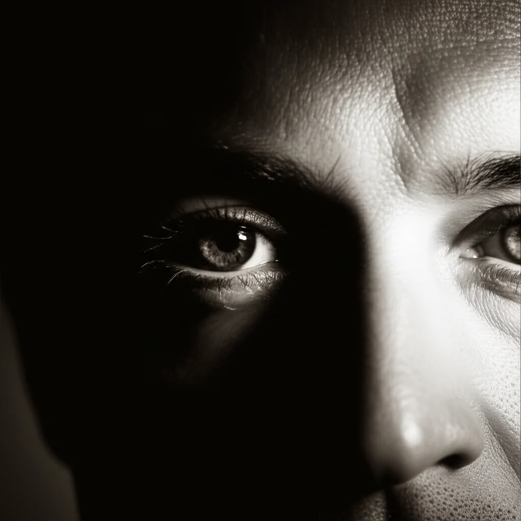 Un primo piano intenso di un volto parzialmente in ombra, con un occhio che guarda direttamente l'osservatore, suggerendo complessità e tratti nascosti. Stile film noir, bianco e nero con leggero viraggio seppia, obiettivo da 50mm, per evocare il concetto di 'maschera della sanità' e la psicopatia nella comunità.