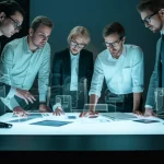 Un team eterogeneo di professionisti, rappresentanti di startup e grandi aziende, che collaborano intensamente attorno a un tavolo luminoso con interfacce olografiche, 35mm portrait, stile film noir con profondità di campo, a simboleggiare le sfide e le sinergie nella trasformazione digitale.