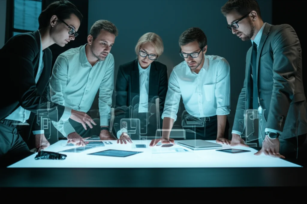 Un team eterogeneo di professionisti, rappresentanti di startup e grandi aziende, che collaborano intensamente attorno a un tavolo luminoso con interfacce olografiche, 35mm portrait, stile film noir con profondità di campo, a simboleggiare le sfide e le sinergie nella trasformazione digitale.