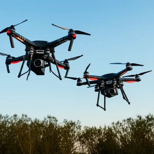 Un'immagine concettuale che mostra un drone tethered (T-UAV) che fornisce connettività stabile a un'area, mentre un drone untethered (U-UAV) si muove agilmente per coprire zone dinamiche. Prime lens, 35mm, depth of field, con colori vivaci per simboleggiare l'innovazione tecnologica e la connettività.