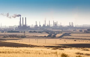 Visualizzazione artistica del ciclo degli NOx nell'atmosfera di una regione arida, con il sole che splende su un paesaggio che include elementi urbani, industriali e rurali. L'immagine dovrebbe evocare il calore e la complessità delle reazioni chimiche. Wide-angle, 10-24mm, sharp focus, long exposure per enfatizzare l'atmosfera.