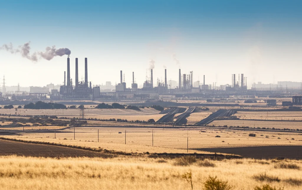 Visualizzazione artistica del ciclo degli NOx nell'atmosfera di una regione arida, con il sole che splende su un paesaggio che include elementi urbani, industriali e rurali. L'immagine dovrebbe evocare il calore e la complessità delle reazioni chimiche. Wide-angle, 10-24mm, sharp focus, long exposure per enfatizzare l'atmosfera.