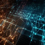 Visualizzazione astratta di algoritmi di machine learning che si intrecciano con schemi ingegneristici tradizionali, simboleggiando la fusione e le sfide. Fotografia concettuale, obiettivo 50mm, illuminazione drammatica, alta definizione.