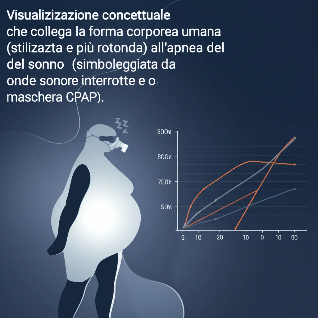 Visualizzazione concettuale che collega la forma corporea umana (stilizzata e più rotonda) all'apnea del sonno (simboleggiata da onde sonore interrotte o maschera CPAP). Sullo sfondo, un grafico astratto mostra l'aumento del rischio. Fotografia concettuale, obiettivo 50mm, stile duotone blu scuro e arancione, profondità di campo media.