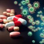 Composite image showing antibiotic pills, bacterial cells with plasmids, and a stylized representation of gut microbiota, macro lens, 100mm, high detail, precise focusing