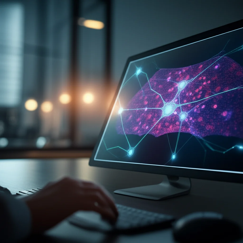 Concetto fotorealistico di intelligenza artificiale che analizza un vetrino di patologia digitale visualizzato su uno schermo high-tech, mostrando reti neurali luminose sovrapposte all'immagine cellulare complessa, obiettivo 50mm, profondità di campo che sfoca lo sfondo del laboratorio, illuminazione drammatica focalizzata sullo schermo.
