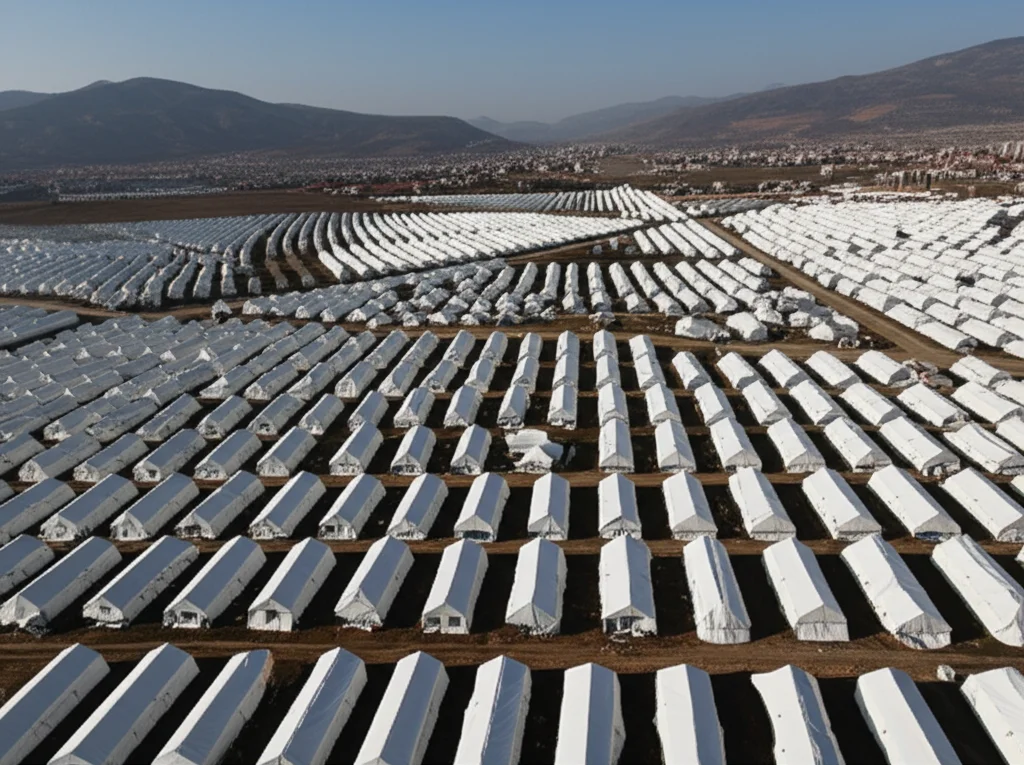 Fotografia aerea di un vasto campo di tende bianche per sfollati allestito in una piana vicino a una città parzialmente distrutta dopo un terremoto, provincia di Hatay. Obiettivo grandangolare 10-24mm, luce del tardo pomeriggio che crea lunghe ombre, messa a fuoco nitida su tutto il campo.