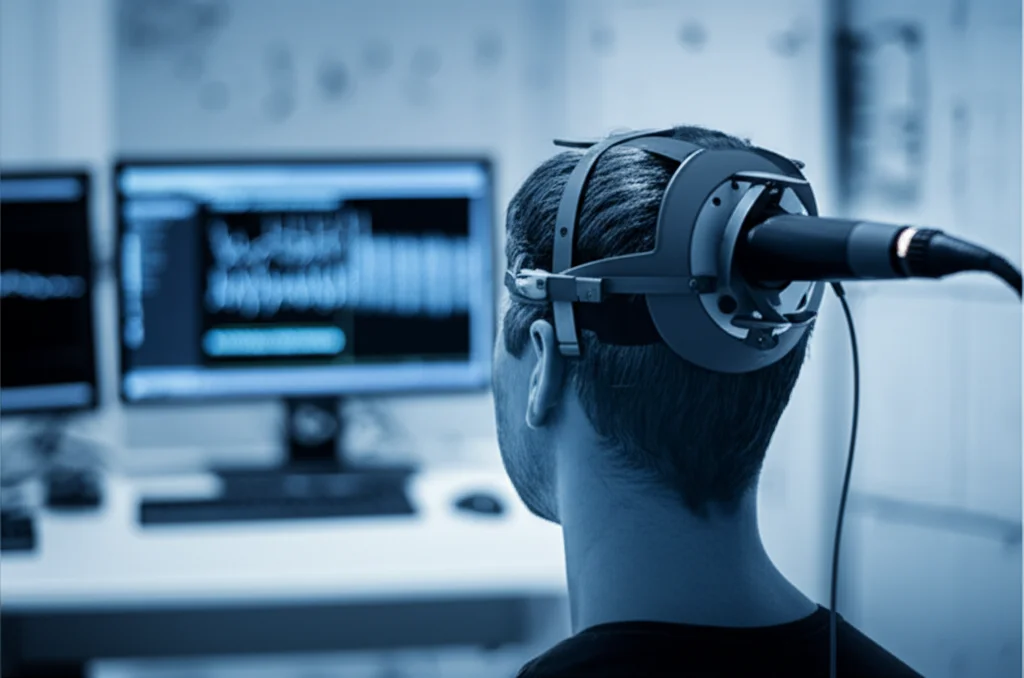 Fotografia di ricerca neuroscientifica, primo piano di una bobina TMS posizionata vicino alla testa di un partecipante (non visibile completamente), sfondo sfocato di laboratorio con monitor che mostrano grafici simili a EEG, obiettivo prime 35mm, profondità di campo ridotta, illuminazione controllata da studio, colori duotone blu e grigio.