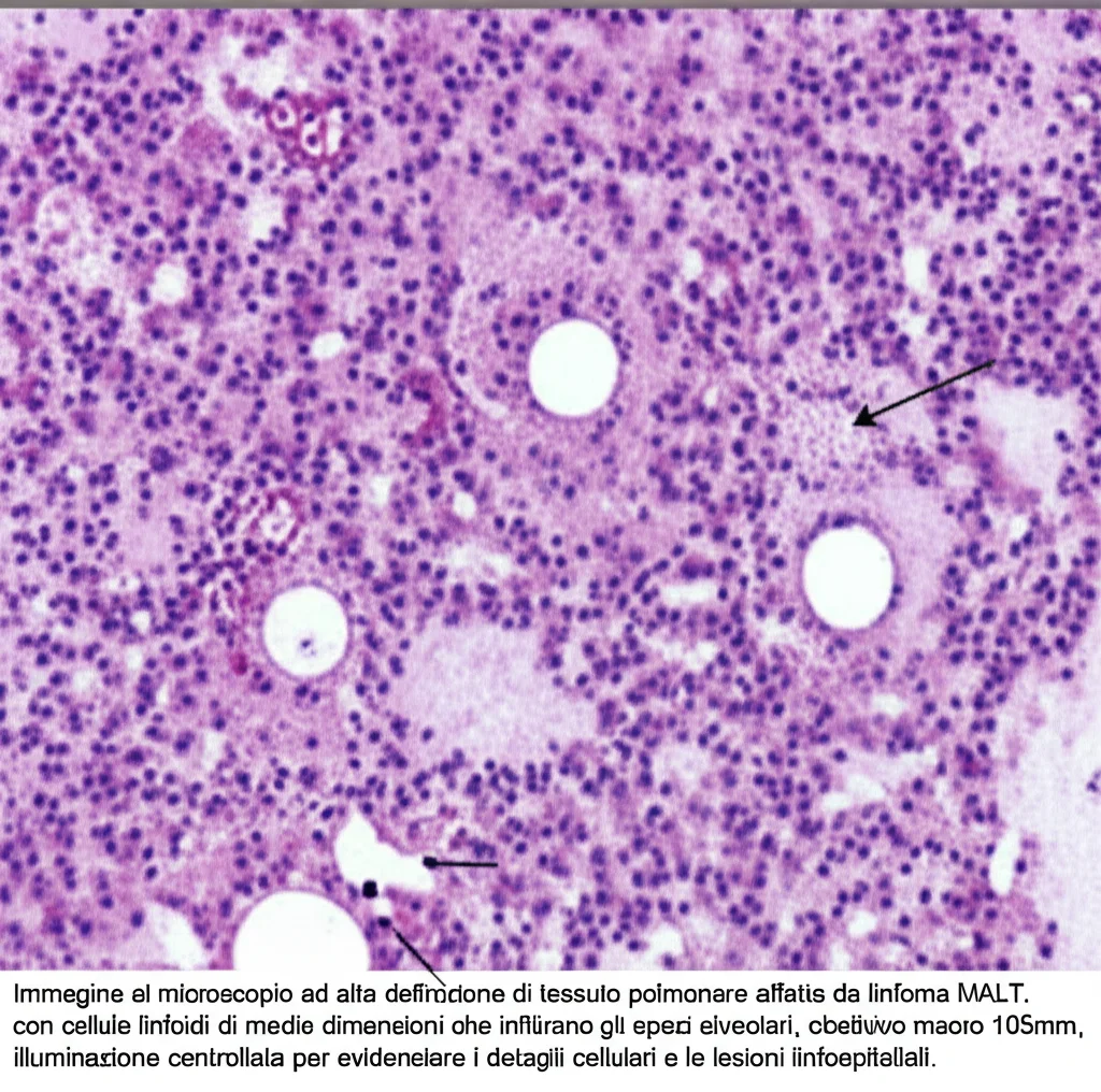 Immagine al microscopio ad alta definizione di tessuto polmonare affetto da linfoma MALT, con cellule linfoidi di medie dimensioni che infiltrano gli spazi alveolari, obiettivo macro 105mm, illuminazione controllata per evidenziare i dettagli cellulari e le lesioni linfoepiteliali.