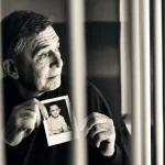 Ritratto intenso di un uomo in ambiente carcerario che guarda una foto sbiadita di un bambino, luce soffusa dalla finestra con le sbarre, obiettivo 35mm, duotone seppia e grigio scuro, profondità di campo.