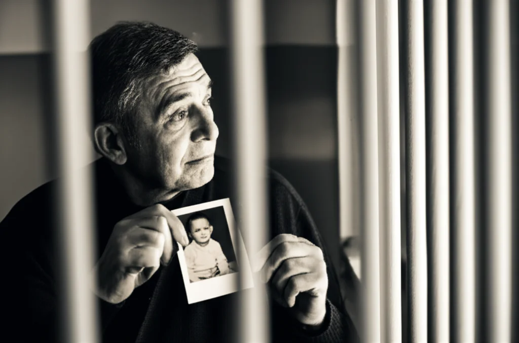 Ritratto intenso di un uomo in ambiente carcerario che guarda una foto sbiadita di un bambino, luce soffusa dalla finestra con le sbarre, obiettivo 35mm, duotone seppia e grigio scuro, profondità di campo.