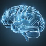 Un cervello umano stilizzato, composto da circuiti luminosi e connessioni neurali digitali, sospeso in uno spazio astratto con tonalità blu e argento. Wide-angle, 24mm, sharp focus, long exposure per enfatizzare la luminosità e il concetto di intelligenza artificiale ed etica.