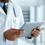 Un medico o un ricercatore che esamina con attenzione una cartella clinica o un grafico su un tablet, simboleggiando l'analisi e la validazione di una nuova scala medica per la nausea postoperatoria. Illuminazione da studio controllata, obiettivo macro 85mm per mettere a fuoco i dettagli del documento e l'espressione concentrata del professionista, sfondo leggermente sfocato.