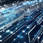 Un'immagine astratta e futuristica di un sistema di controllo complesso con linee di dati luminose blu e argento che si interconnettono, rappresentante l'intelligenza artificiale e la logica fuzzy applicata all'ingegneria dei sistemi. Prime lens, 35mm, duotone blu e argento, profondità di campo accentuata per un look cinematografico.