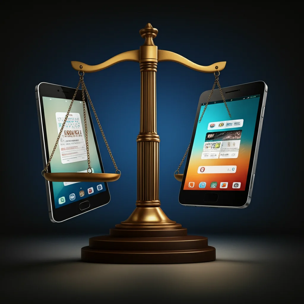 Un'immagine concettuale che raffigura una bilancia della giustizia. Su un piatto ci sono giornali e riviste tradizionali, sull'altro uno smartphone che mostra loghi di aggregatori di notizie. La bilancia è in leggero squilibrio, a favore dello smartphone. Illuminazione da studio, obiettivo 50mm, per simboleggiare la ricerca di un equilibrio equo nel settore dell'informazione digitale.