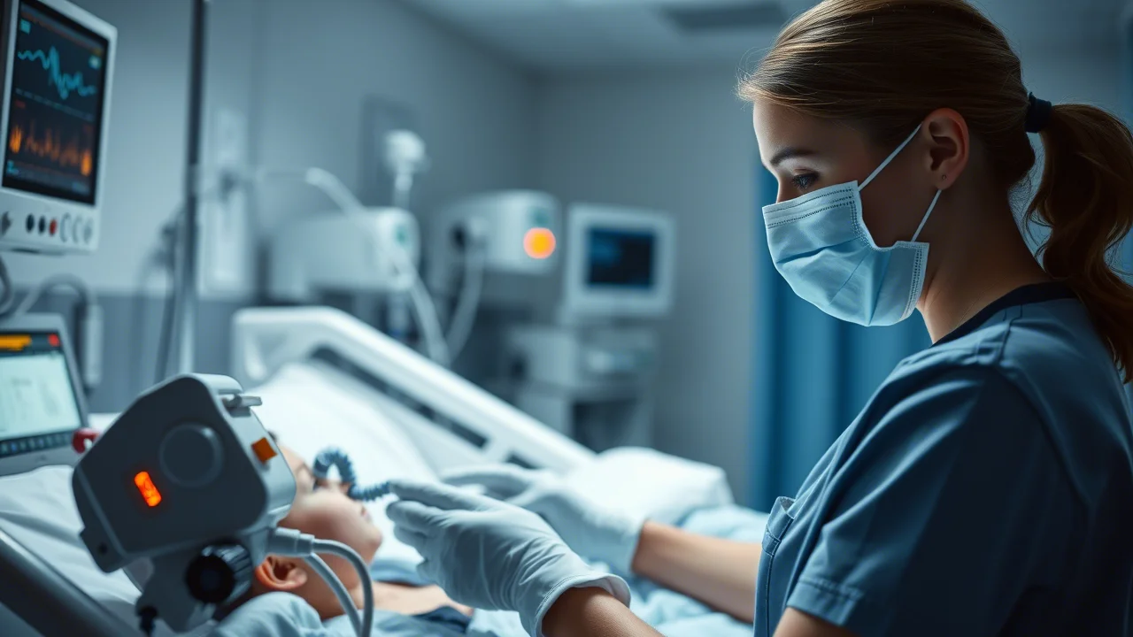 Un'infermiera pediatrica con mascherina e guanti controlla con cura i parametri di un ventilatore meccanico a cui è collegato un bambino in un lettino di terapia intensiva. L'ambiente è sterile e high-tech, con luci soffuse e monitor accesi. Fotografia di ritratto, obiettivo prime da 35mm, profondità di campo accentuata, toni blu e grigi duotone per un'atmosfera seria ma speranzosa.
