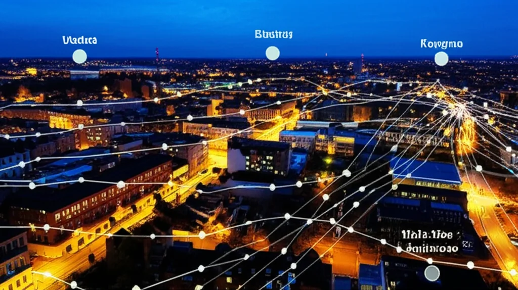 Veduta aerea di Nottingham al crepuscolo, con alcune case illuminate che simboleggiano il consumo energetico domestico, e sovrapposizioni grafiche stilizzate che indicano le variazioni spaziali dell'efficienza energetica, obiettivo grandangolare 18mm, lunga esposizione per scie luminose e dettagli nitidi della città.