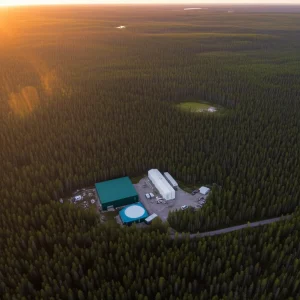 Veduta aerea di una foresta boreale canadese con un piccolo impianto di bioenergia integrato vicino a una comunità indigena. Obiettivo grandangolare 24mm, per catturare sia la vastità della foresta che l'insediamento e l'impianto, luce dorata del tramonto per un'atmosfera di speranza e sostenibilità, con una leggera foschia che suggerisce la vastità selvaggia.