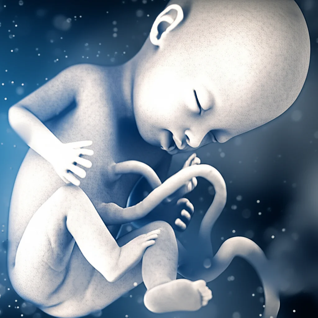 Visualizzazione artistica di molecole di biomarcatori angiogenici che fluttuano in un flusso sanguigno stilizzato, con un feto in crescita sana visibile in trasparenza sullo sfondo. Prime lens, 35mm, duotone blu e oro, depth of field, per rappresentare la scoperta di nuovi predittori della restrizione della crescita fetale nel primo trimestre.