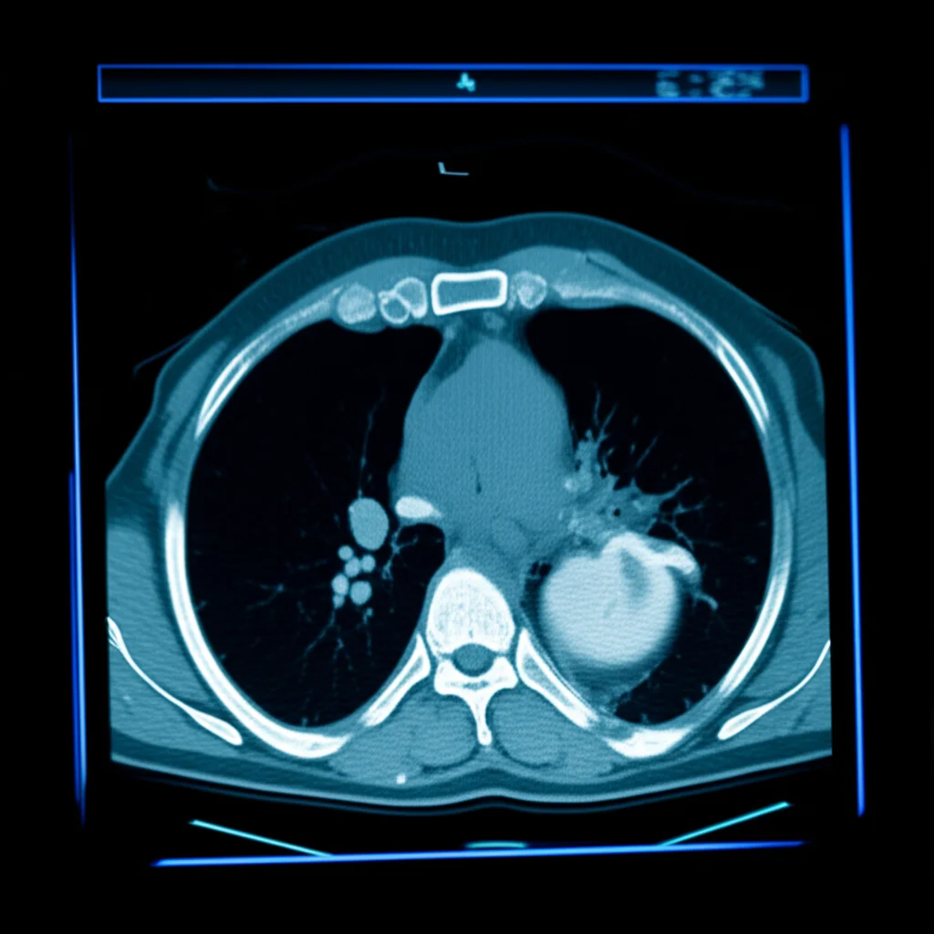 Visualizzazione avanzata di dati radiomici e indicatori infiammatori su un'interfaccia medica futuristica, con un focus sulla TAC dell'esofago. Macro lens, 80mm, high detail, precise focusing, controlled lighting.