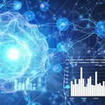 Concetto astratto di intelligenza artificiale che analizza dati medici complessi sulla leucemia mieloide acuta (LMA) per predire l'esito del trattamento, visualizzazione di reti neurali e grafici predittivi sovrapposti a immagini di cellule sanguigne, macro lens 100mm, alta definizione, illuminazione controllata high-tech.
