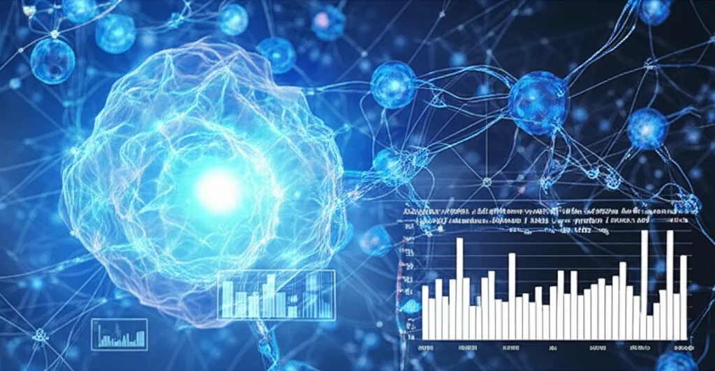 Concetto astratto di intelligenza artificiale che analizza dati medici complessi sulla leucemia mieloide acuta (LMA) per predire l'esito del trattamento, visualizzazione di reti neurali e grafici predittivi sovrapposti a immagini di cellule sanguigne, macro lens 100mm, alta definizione, illuminazione controllata high-tech.