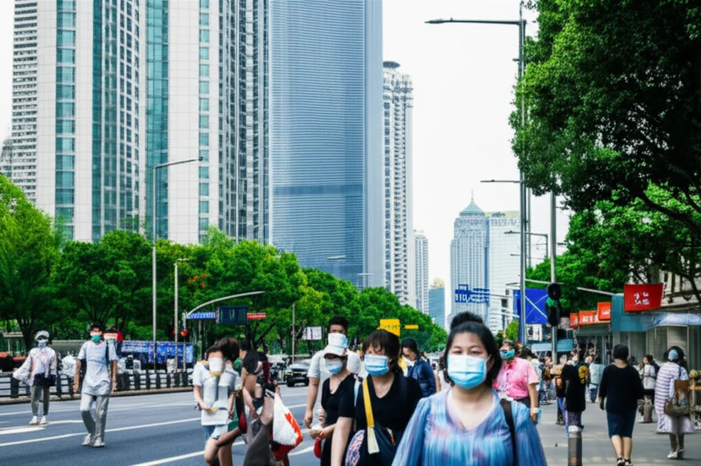 Fotografia di strada di una via di Shenzhen con persone che indossano mascherine durante la pandemia, alcuni grattacieli moderni sullo sfondo. Obiettivo 35mm, colori vivaci ma con un'atmosfera di cautela, profondità di campo.