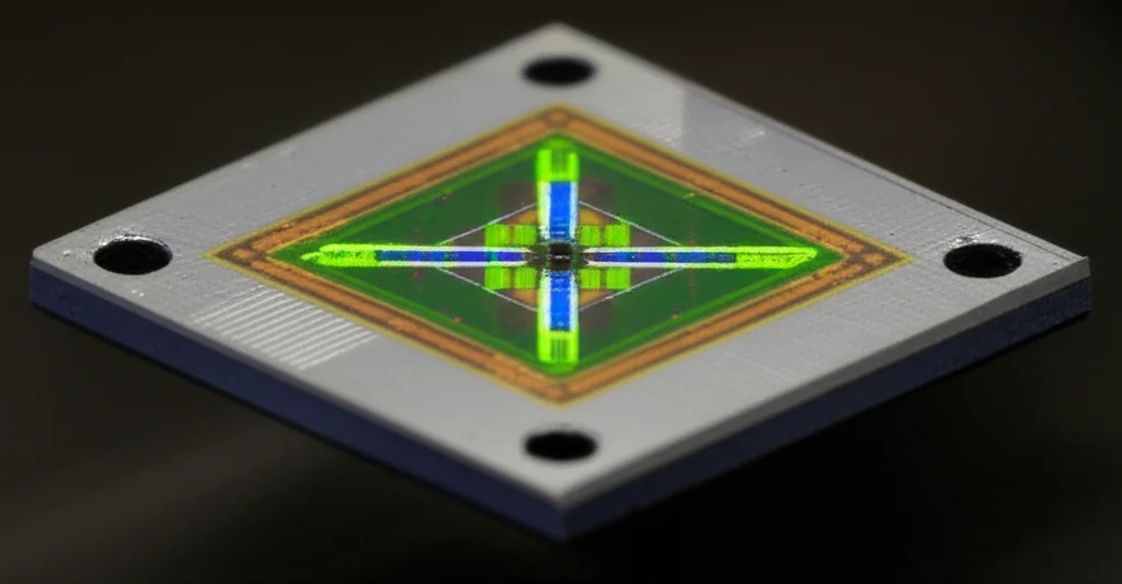 Fotografia macro ad alta definizione di un chip MEMS con tre risonatori accoppiati debolmente, illuminati con luce direzionale per enfatizzare la loro struttura tridimensionale e la complessità dei collegamenti. L'immagine suggerisce il rilevamento simultaneo di due segnali distinti, rappresentati da scie luminose di colori diversi (es. blu e verde) che attraversano il chip senza sovrapporsi. Obiettivo macro 100mm, illuminazione da studio controllata, sfondo scuro per far risaltare il soggetto.