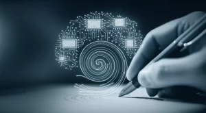 Immagine concettuale che rappresenta l'intersezione tra neuroscienze e intelligenza artificiale: un cervello stilizzato con circuiti digitali sovrapposti, e una mano che disegna una spirale, simboleggiando l'analisi della scrittura per la diagnosi del Parkinson. Prime lens, 24mm, duotone blu e grigio, profondità di campo.
