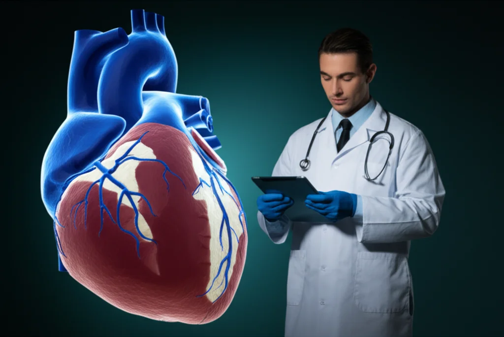 Immagine fotorealistica di un cuore umano digitale tridimensionale, con aree di fibrosi evidenziate in colori contrastanti. Accanto, un medico osserva il modello su un tablet. La scena è illuminata con luce da studio, utilizzando un obiettivo prime da 35mm per un ritratto dell'interazione, con una leggera profondità di campo per mantenere il focus sul cuore digitale e sul medico.