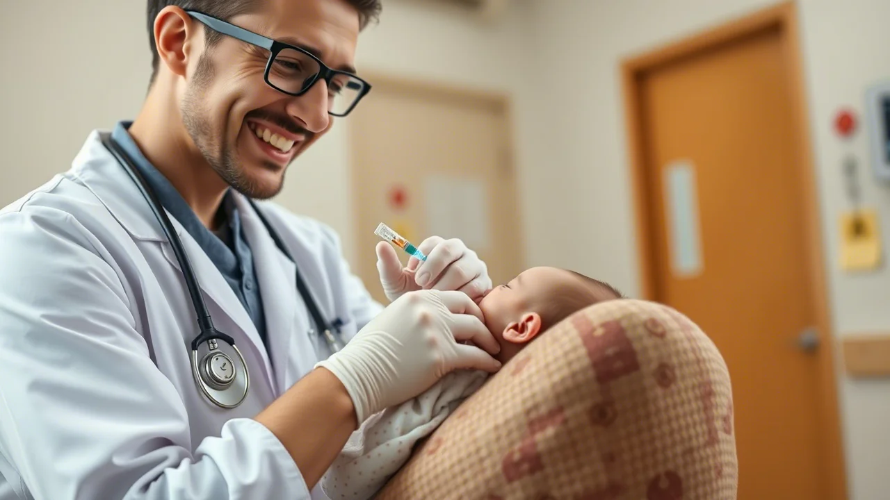 Immagine fotorealistica di un medico sorridente che somministra delicatamente una dose di Nirsevimab a un neonato sereno tra le braccia della madre, in un ambulatorio luminoso. Obiettivo prime 50mm, profondità di campo media, luce naturale morbida, per rappresentare la prevenzione RSV accessibile a tutti i bambini.