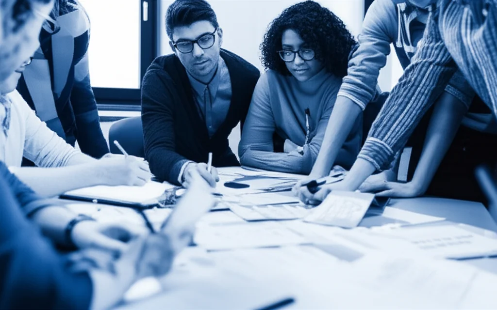Immagine fotorealistica, obiettivo prime 35mm, stile duotone blu e grigio. Un gruppo misto di studenti e docenti del settore sanitario lavora attivamente insieme a un tavolo pieno di schemi e appunti, co-progettando materiale didattico. Profondità di campo che mette a fuoco l'interazione collaborativa e l'atmosfera di partnership.
