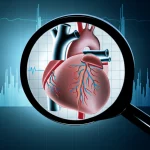 Immagine medica concettuale: un cuore umano stilizzato con grafici di rischio sovrapposti e una lente d'ingrandimento focalizzata sulla valvola mitrale, illuminazione drammatica, alta definizione, obiettivo 50mm.