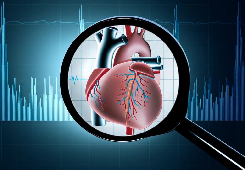 Immagine medica concettuale: un cuore umano stilizzato con grafici di rischio sovrapposti e una lente d'ingrandimento focalizzata sulla valvola mitrale, illuminazione drammatica, alta definizione, obiettivo 50mm.