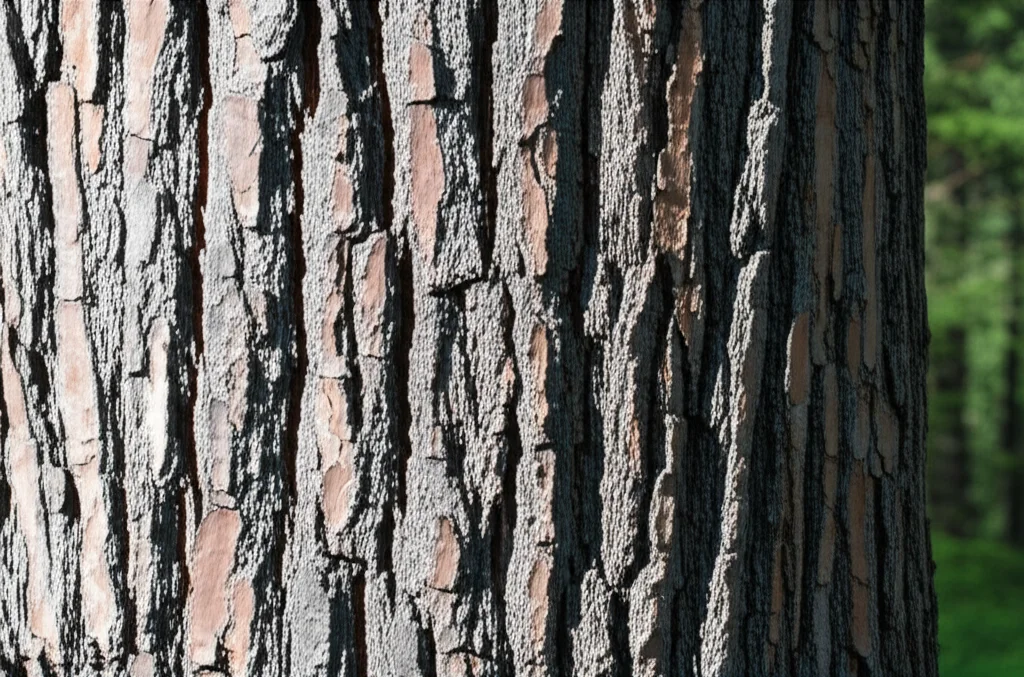 Primo piano di un imponente tronco di Cedro dell'Himalaya con la sua corteccia caratteristica fessurata di colore grigio-brunastro, fotografia con obiettivo macro 90mm, alta definizione dei dettagli della corteccia, luce laterale che ne esalta la texture tridimensionale, sfondo leggermente sfocato di una foresta di conifere verde intenso.