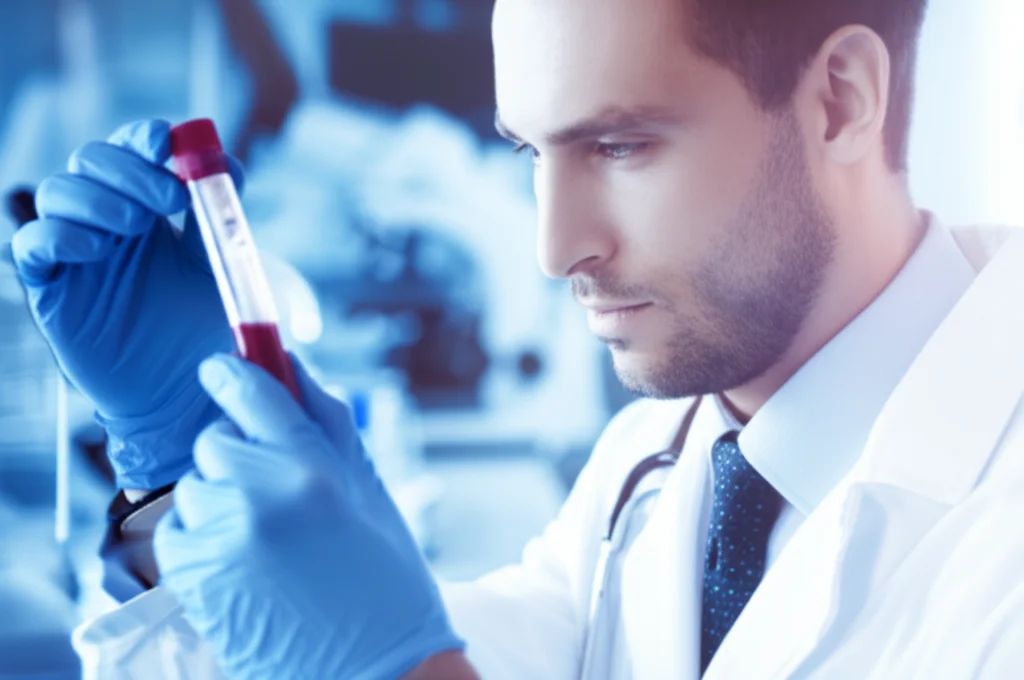 Un medico in camice bianco esamina attentamente una provetta di sangue in un laboratorio high-tech, con microscopi e analizzatori sullo sfondo. L'immagine, scattata con un obiettivo da 50mm per un ritratto ambientale, ha una profondità di campo ridotta che sfoca leggermente lo sfondo, mettendo a fuoco il medico e la provetta. Luci da studio controllate creano un'atmosfera professionale e di ricerca scientifica.